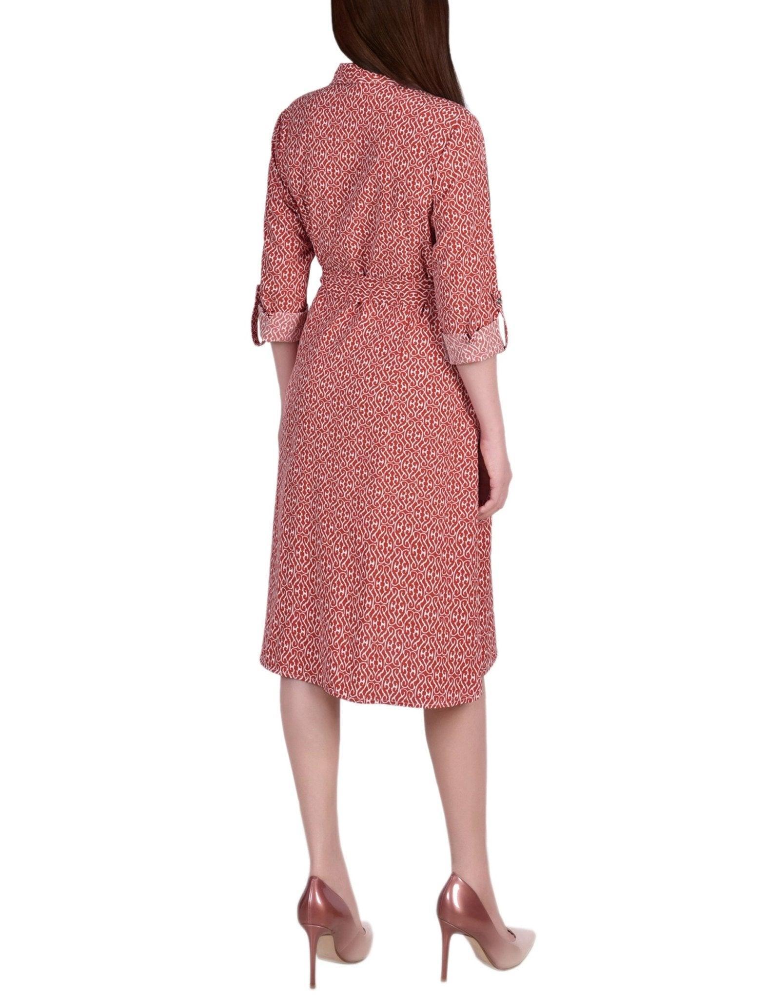 Cypress Inca Gold Navy Zigzag 3/4 Roll Tab Sleeve Belted Shirtdress - Petite Product Image