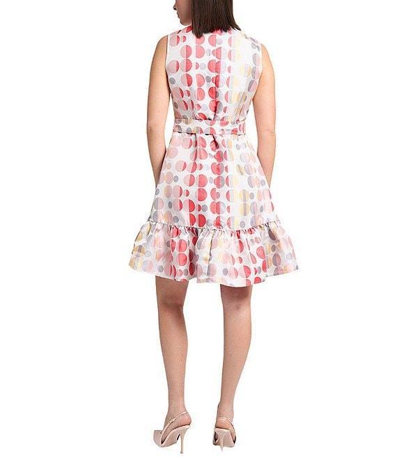 Ming Wang Novelty Woven Jacquard Polka Dot Crew Neck Sleeveless A-line Belted Sheath Dress Product Image