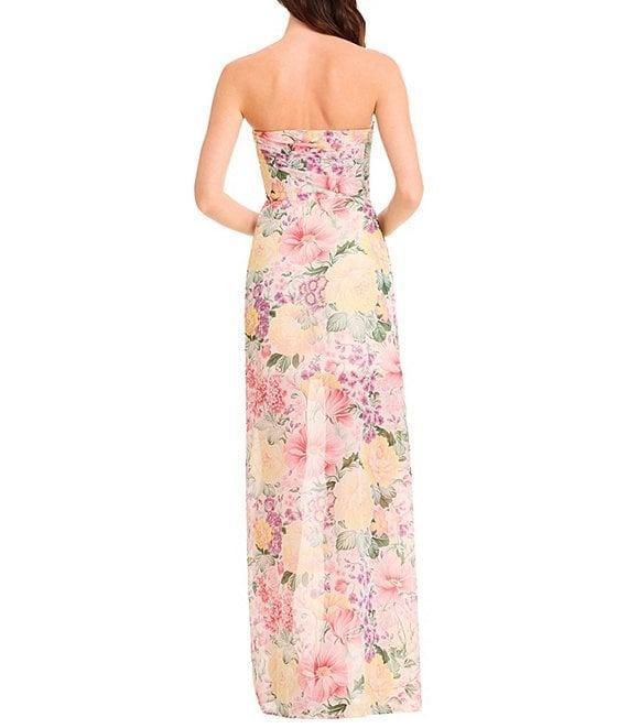Dress the Population Lulu Strapless Ruched Floral Print Metallic Chiffon Rape Front Illusion Hem Column Gown Product Image