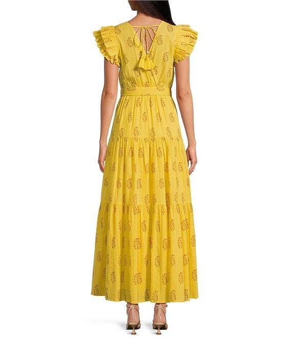 A Loves A Floral Metallic Striped Print Surplice V-Neck Short Ruffled Sleeve Tiered Maxi Dress Product Image
