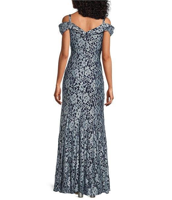 R & M Richards Off-the-Shoulder Glitter Lace Mermaid Gown Product Image