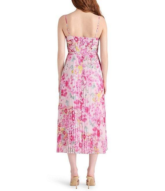 Steve Madden Ray Floral Print Sweetheart Sleeveless Chiffon Pleated Midi Dress Product Image