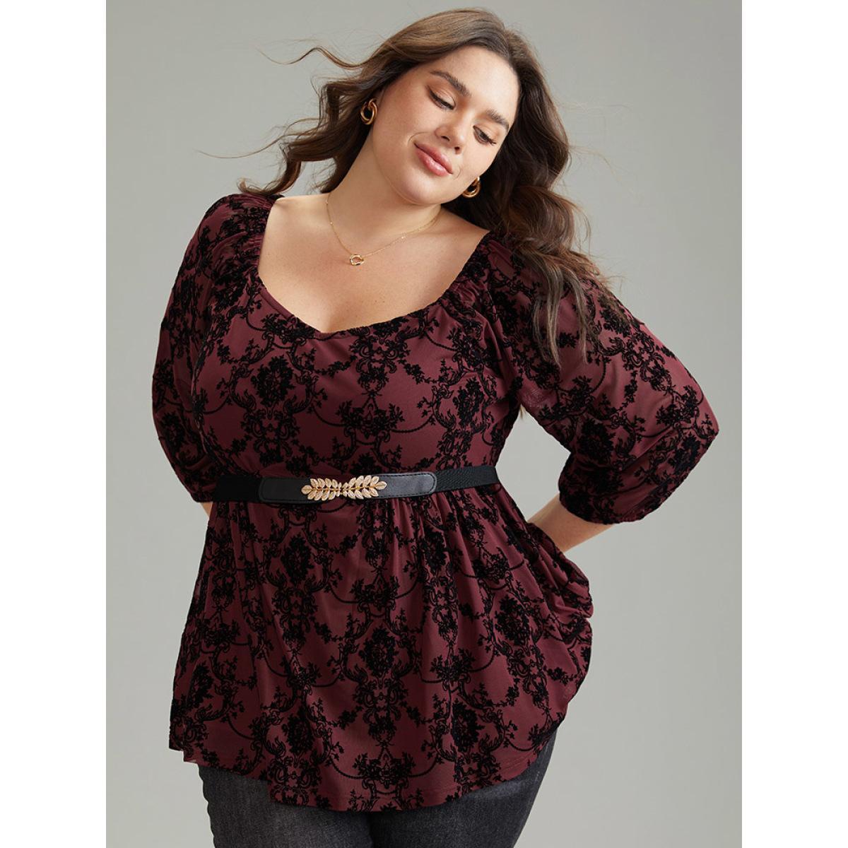 Plus Size Scarlet Silhouette Floral Print Contrast Flocking Square Neck Blouse Women Elegant Elbow-length sleeve Square Neck Everyday Blouses BloomChic 30/6X Product Image