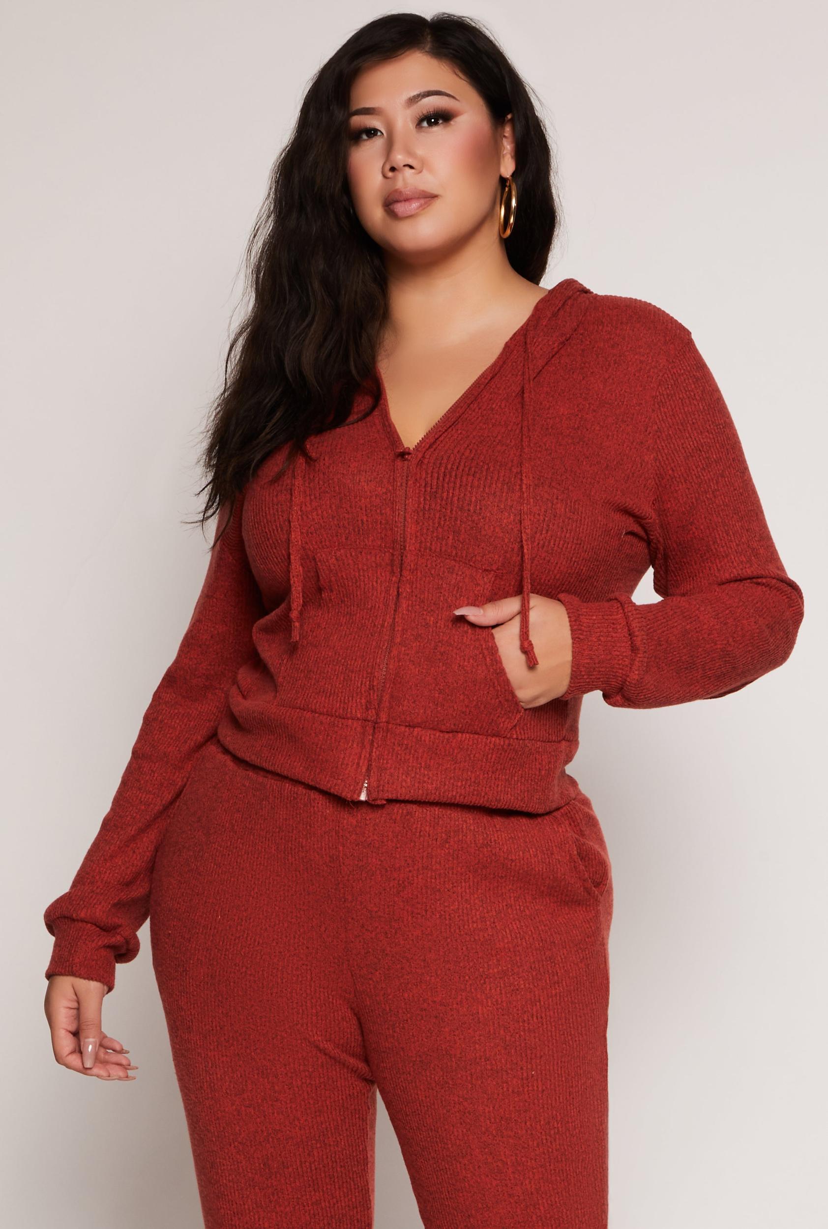Womens Plus Size Daisy Brushed Knit Zip Front Hoodie Product Image