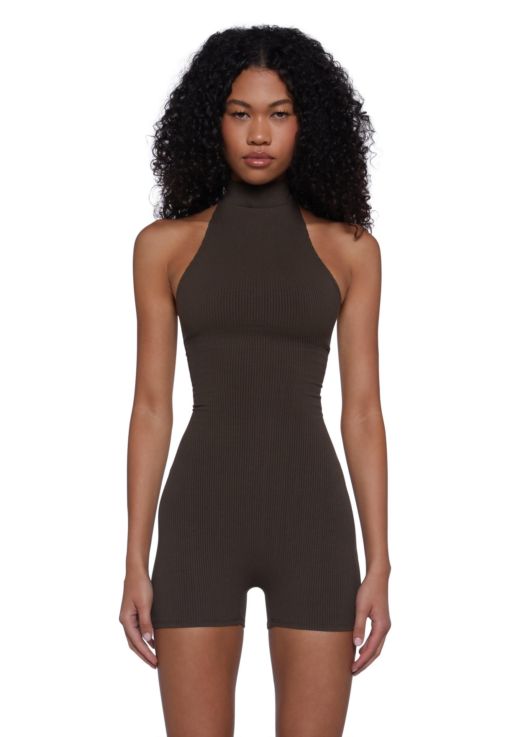 Womens Back Lace-Up Ribbed Romper - Brown Product Image