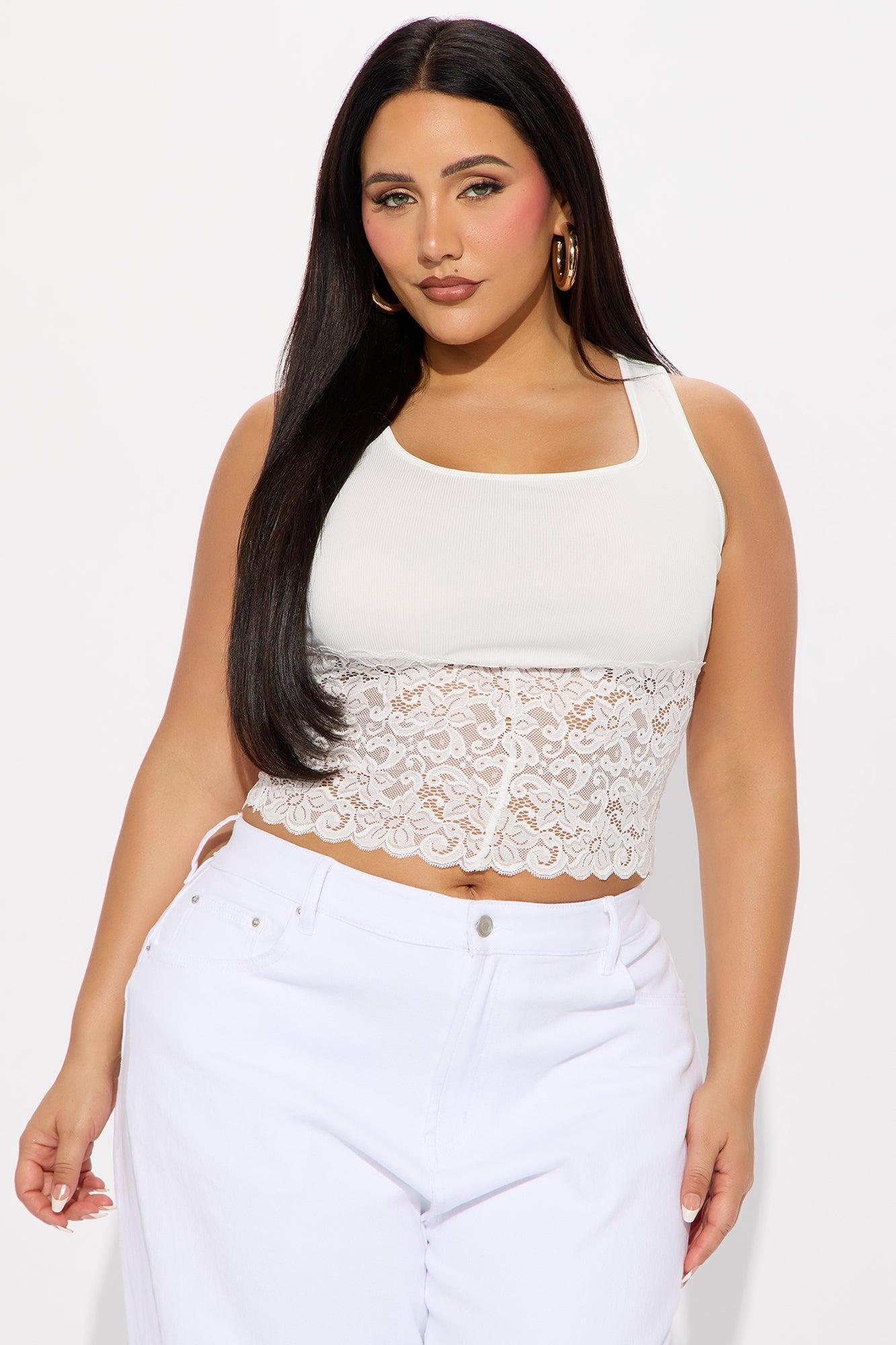 Katalina Ribbed Lace Trim Tank Top - Ivory Product Image