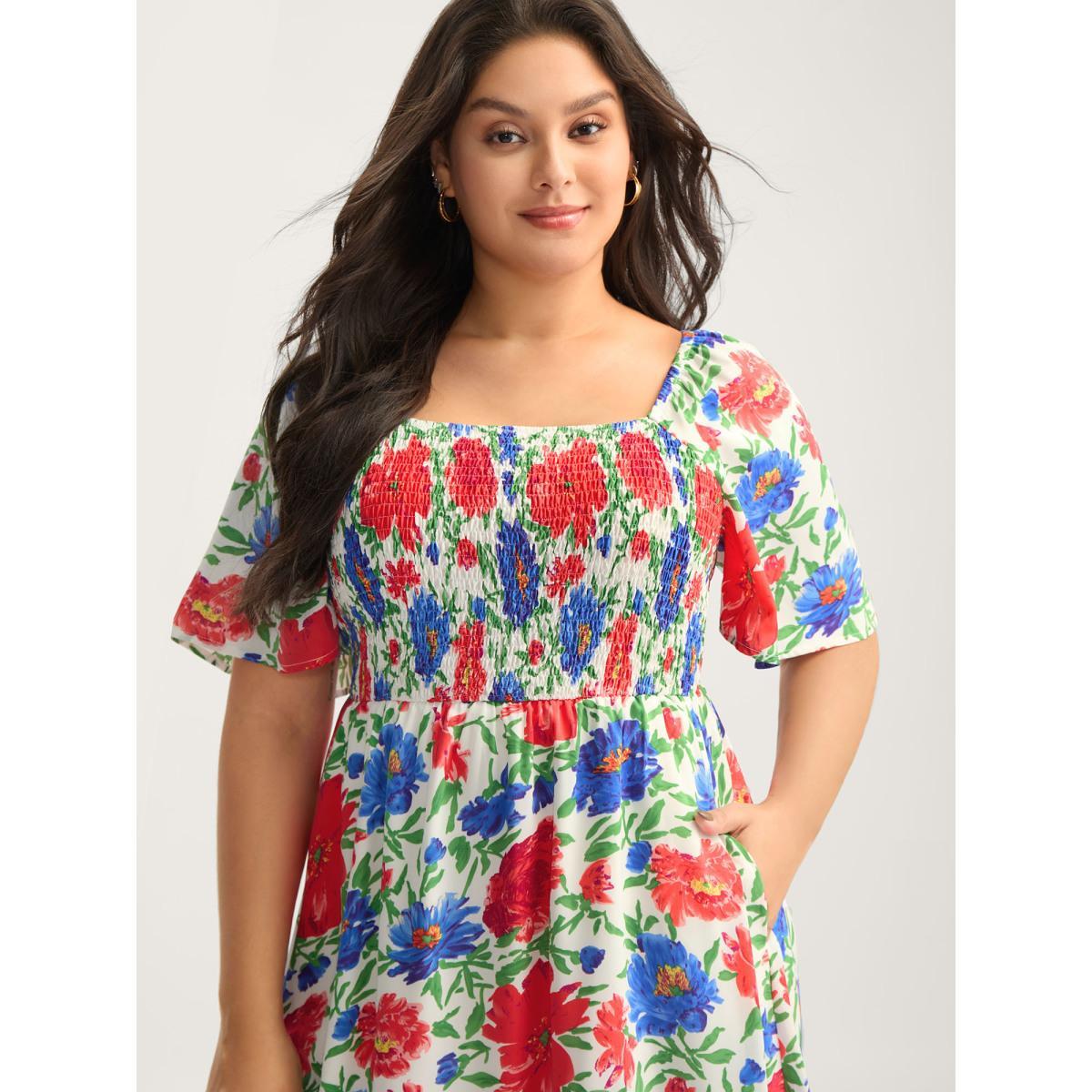 Plus Size Sunkissed Floral Shirred Pockets Midi Dress Multicolor Women Shirred Square Neck Short sleeve Curvy BloomChic 22-24/3X Product Image