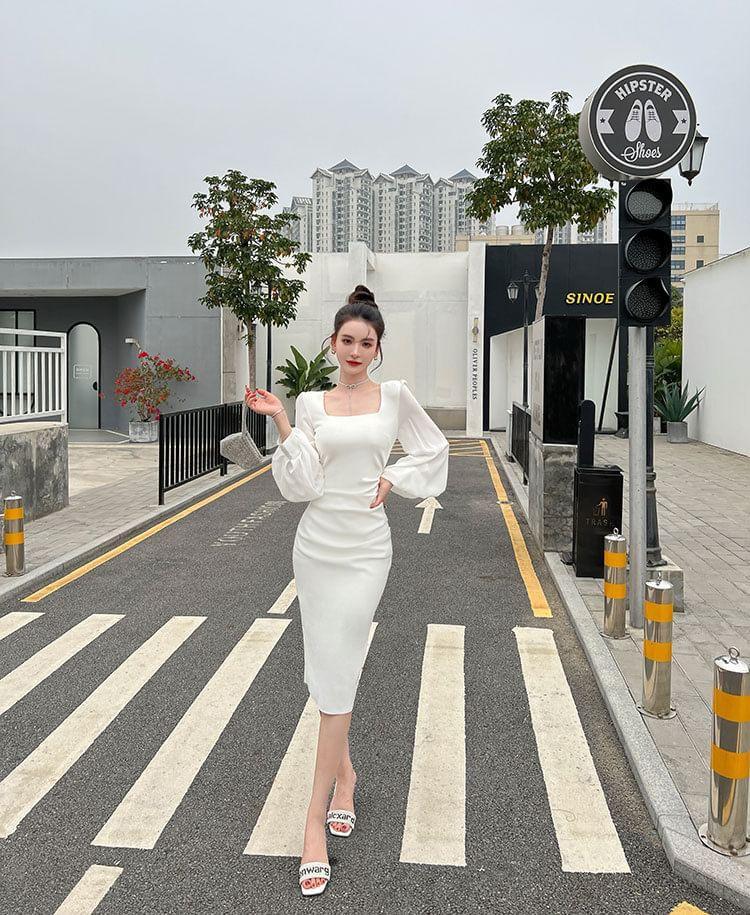 Long-Sleeve Square Neck Plain Ruched Midi Sheath Dress Product Image