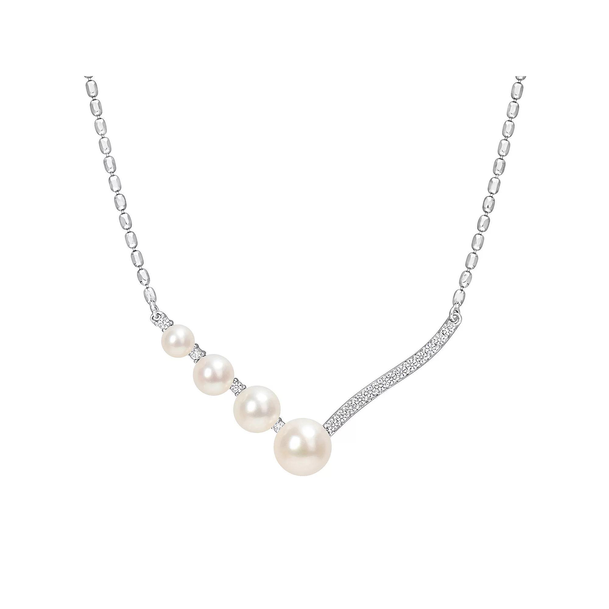 Stella Grace Sterling Silver Lab-Created White Sapphire & Freshwater Cultured Pearl Chevron Necklace, Womens Product Image