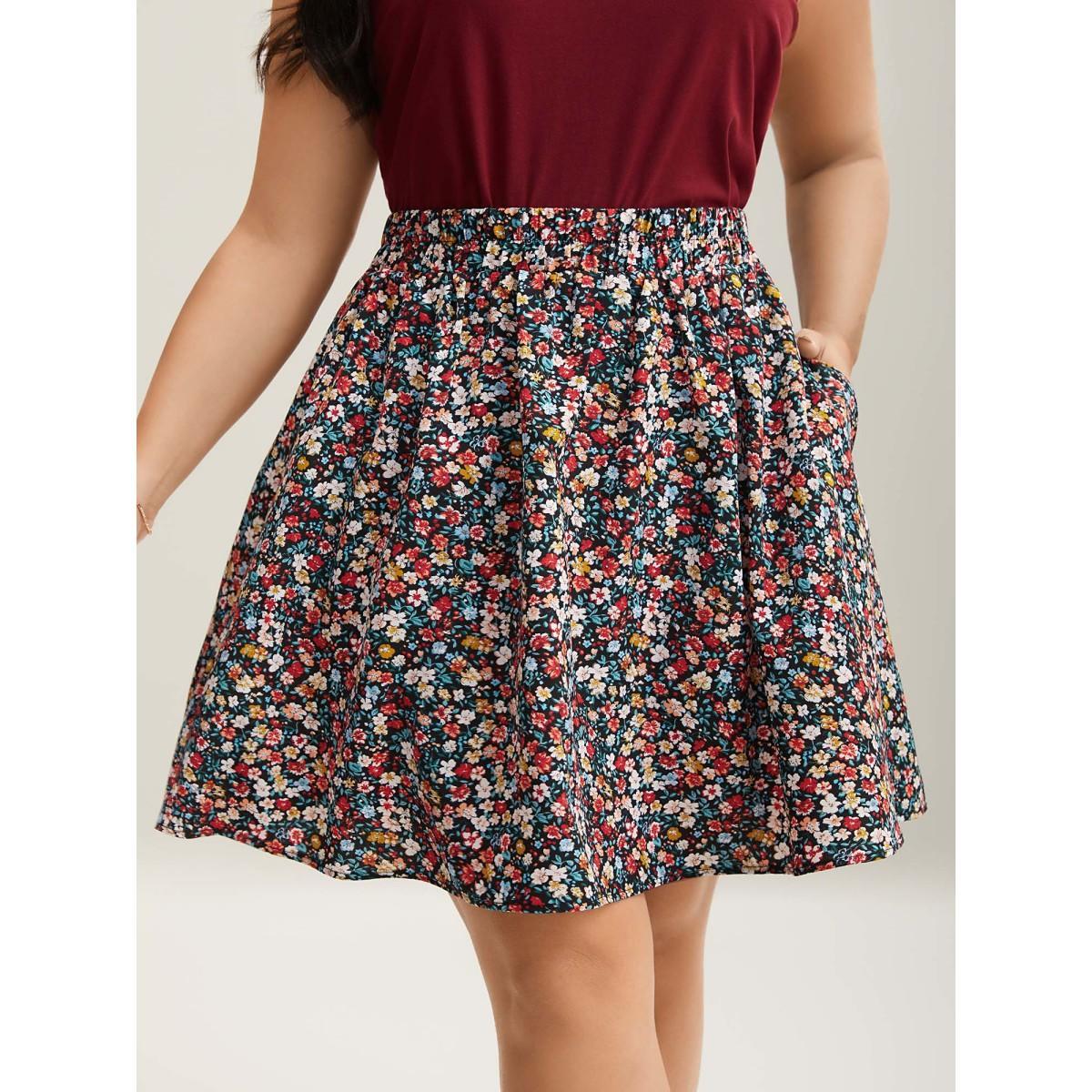 Plus Size Floral Print Stretchy Smocked Waist Mini Skirt Women Multicolor Elegant Gathered Low stretch Side seam pocket Everyday Skirts BloomChic 22-24/3X Product Image