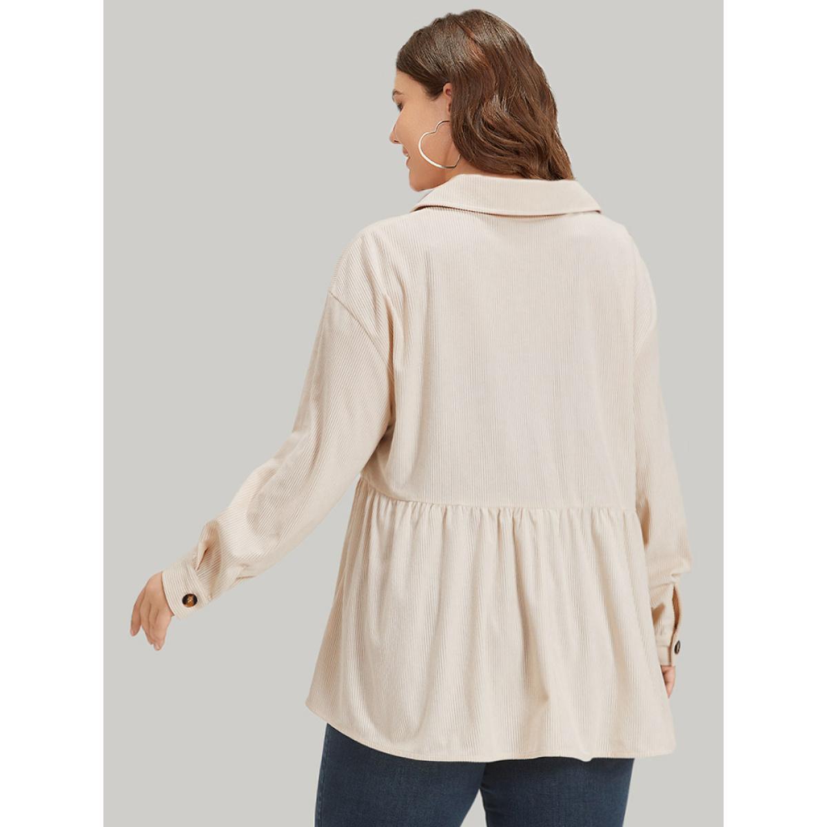 Plus Size Plain Shirt Collar Button Through Ruffle Hem Pocket Coat Women Beige Button Pocket Dailywear Jackets BloomChic 12/L Product Image