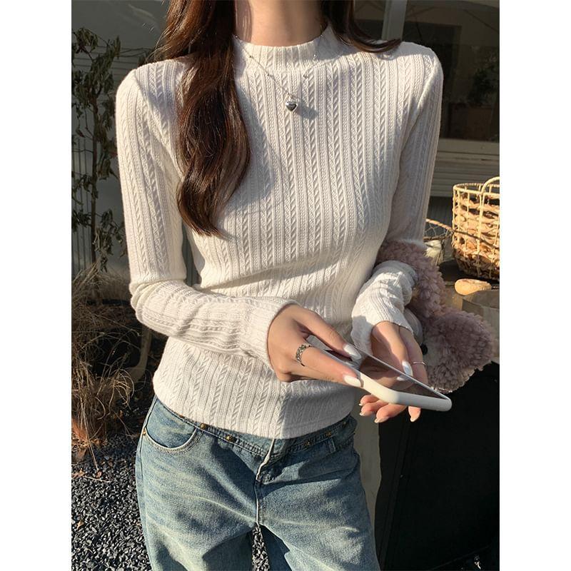 Mock Neck Plain Cable Knit Top Product Image