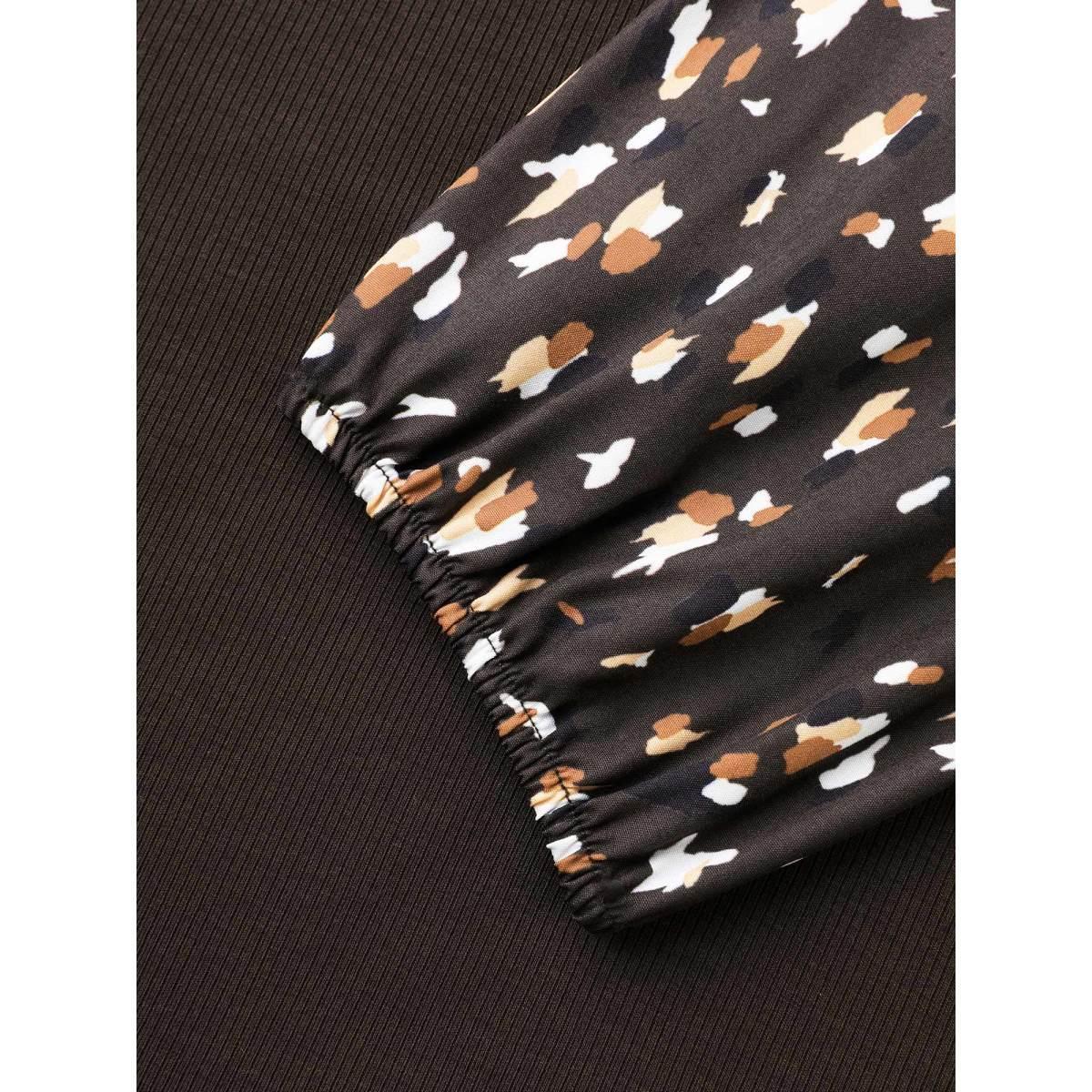 Plus Size Allover Print Patchwork Raglan Sleeve T-shirt DarkBrown Women Casual Contrast Round Neck Everyday T-shirts BloomChic 18-20/2X Product Image