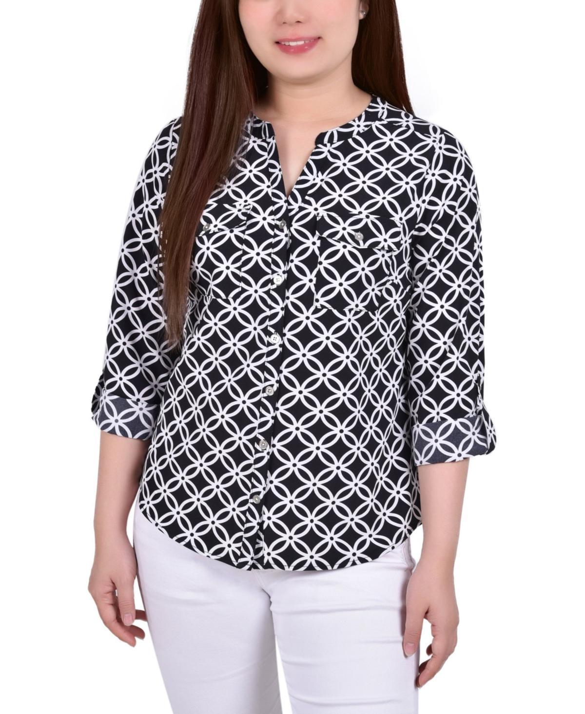 Petite 3/4 Sleeve Roll Tab Y Neck Blouse Product Image