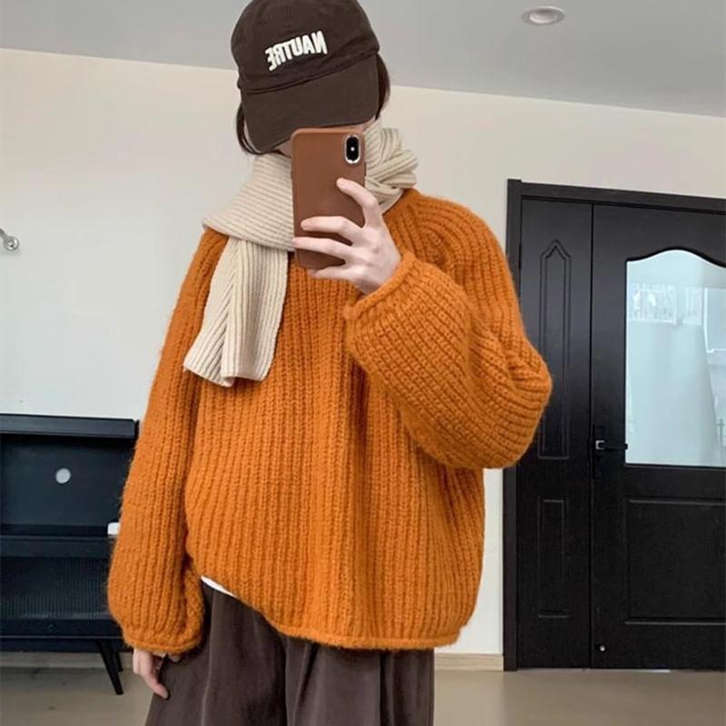 Round Neck Plain Ribbed Sweater Product Image