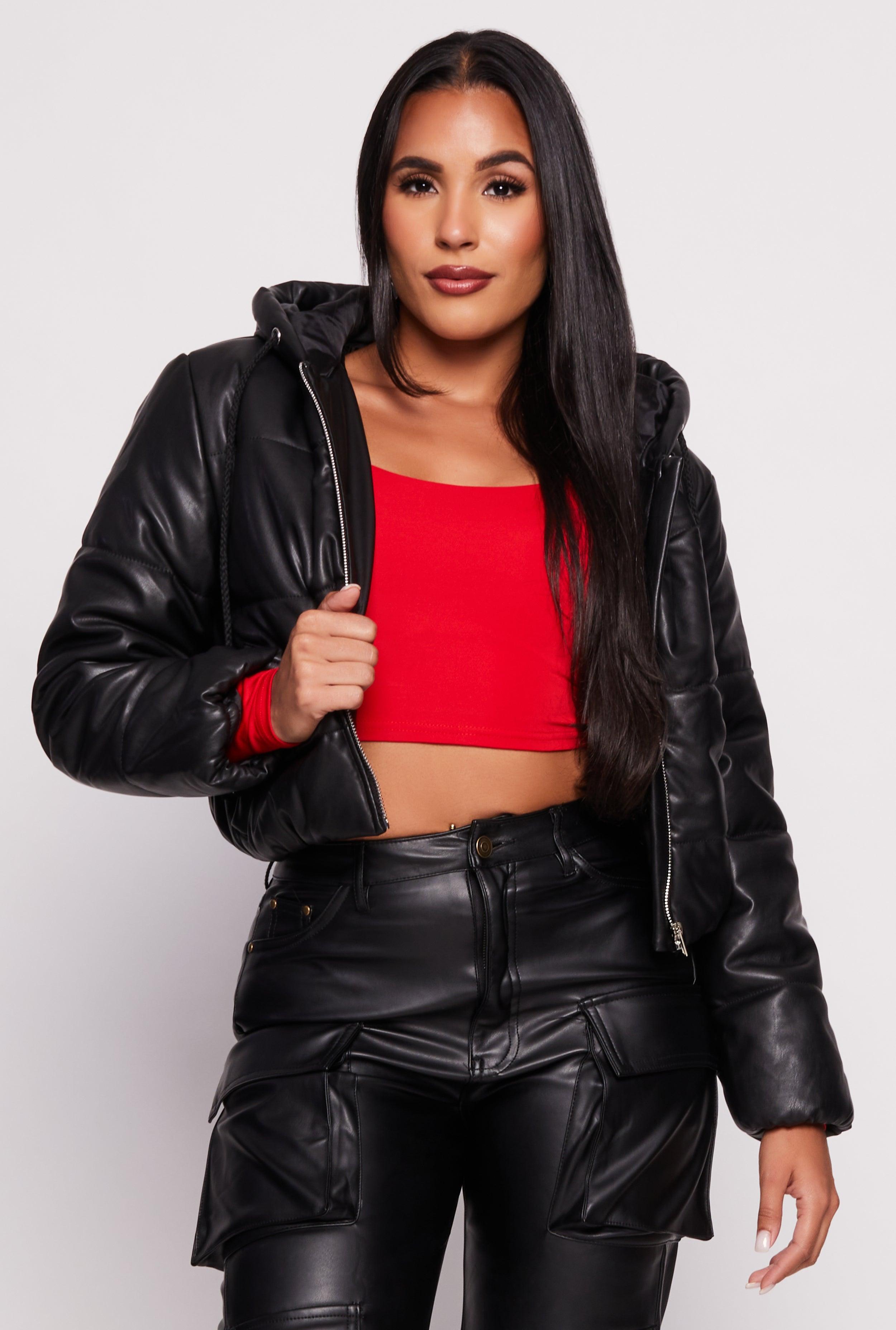 Womens Faux Leather Zip Front Hooded Puffer Jacket Product Image
