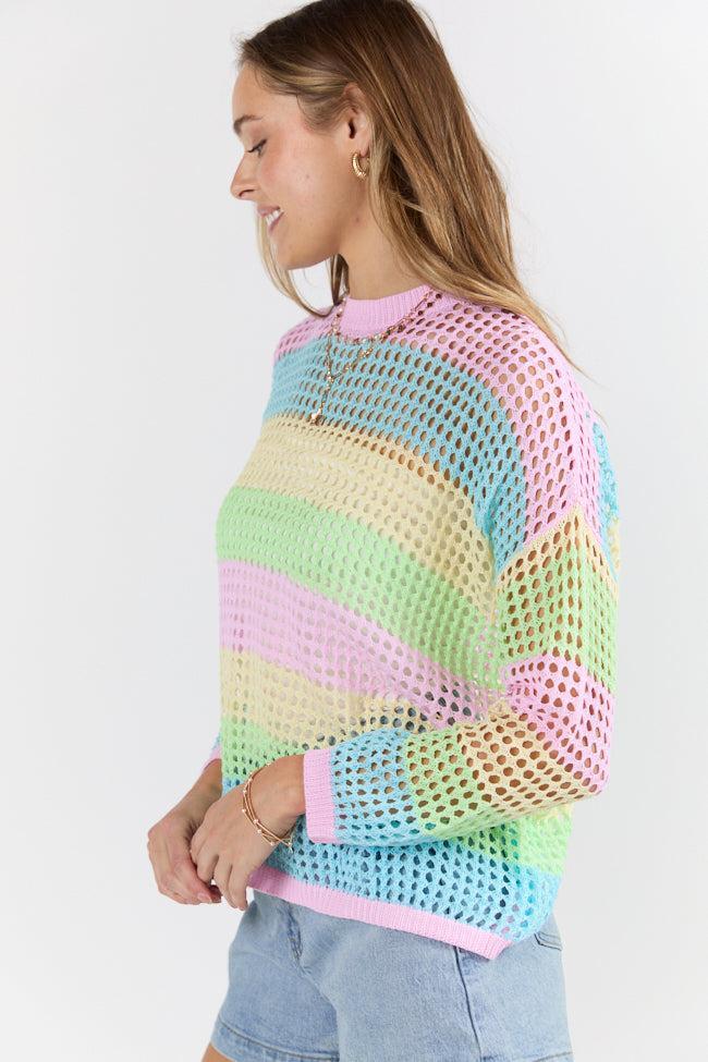 More To Come Open Knit Stripe Crew Neck Sweater Product Image