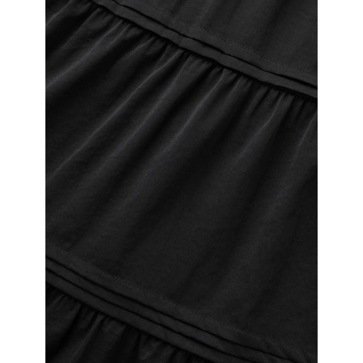 Plus Size Plain Frill Trim Ruffle Layered Hem Dress Black Women Resort Tucked seam Mock Neck Short sleeve Curvy BloomChic 28/5X Product Image