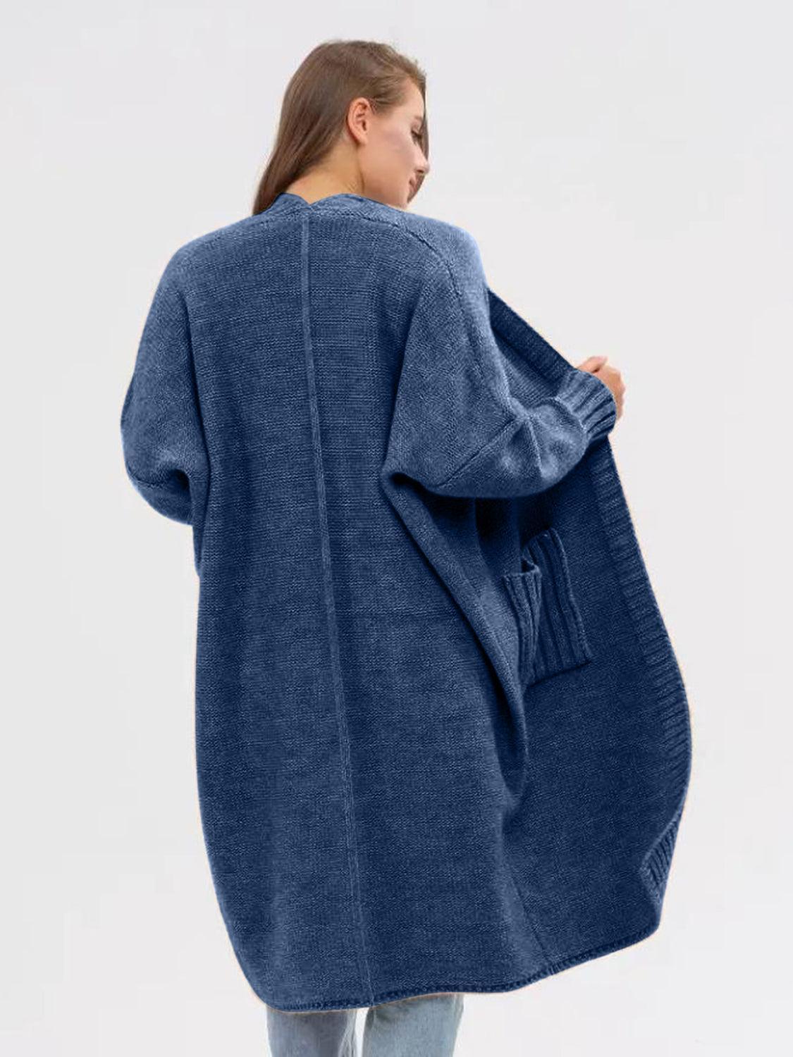 Pocketed Open Front Long Sleeve Longline Cardigan Product Image