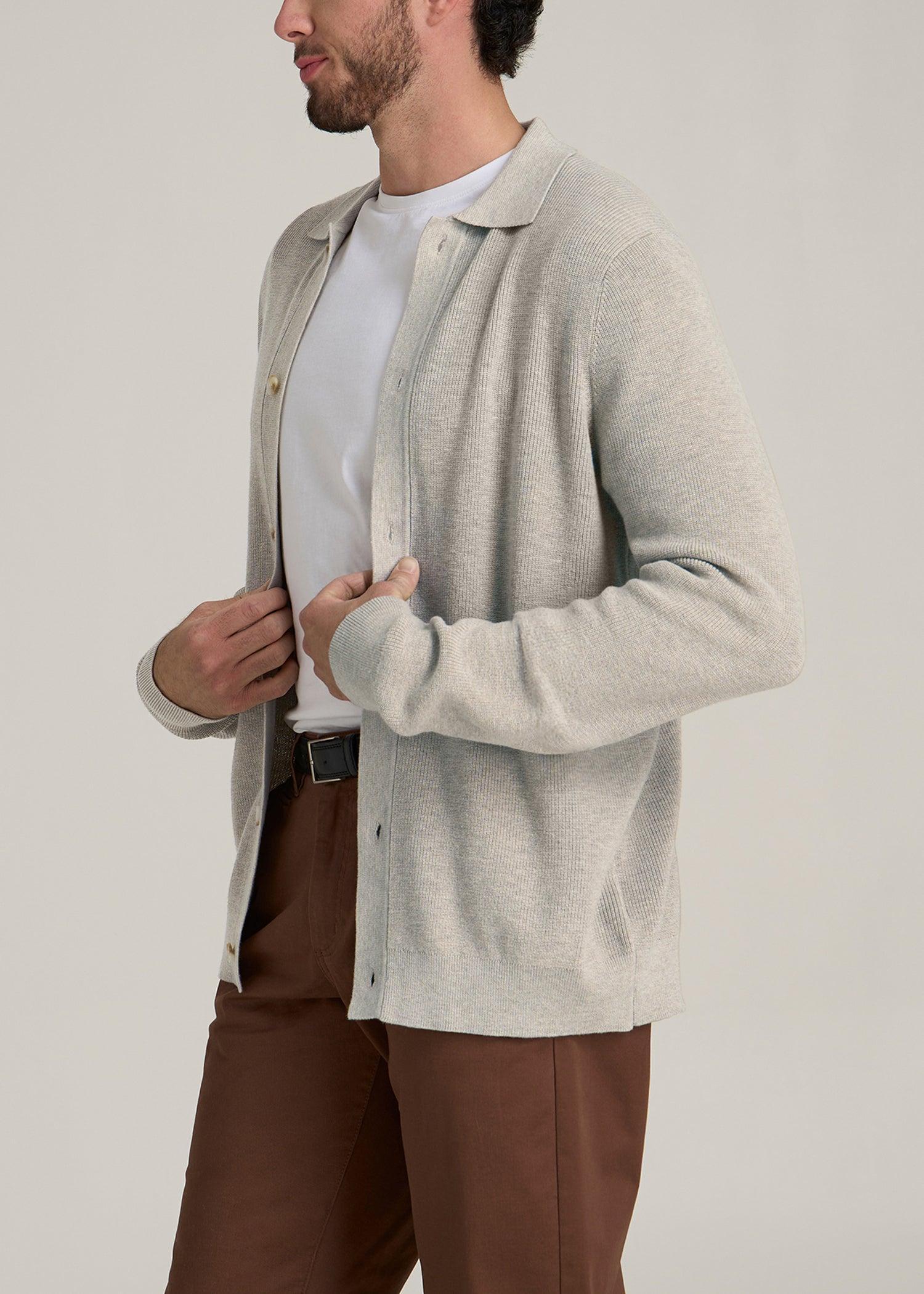 Sweater Polo Cardigan for Tall Men in Cream Beige Male Product Image