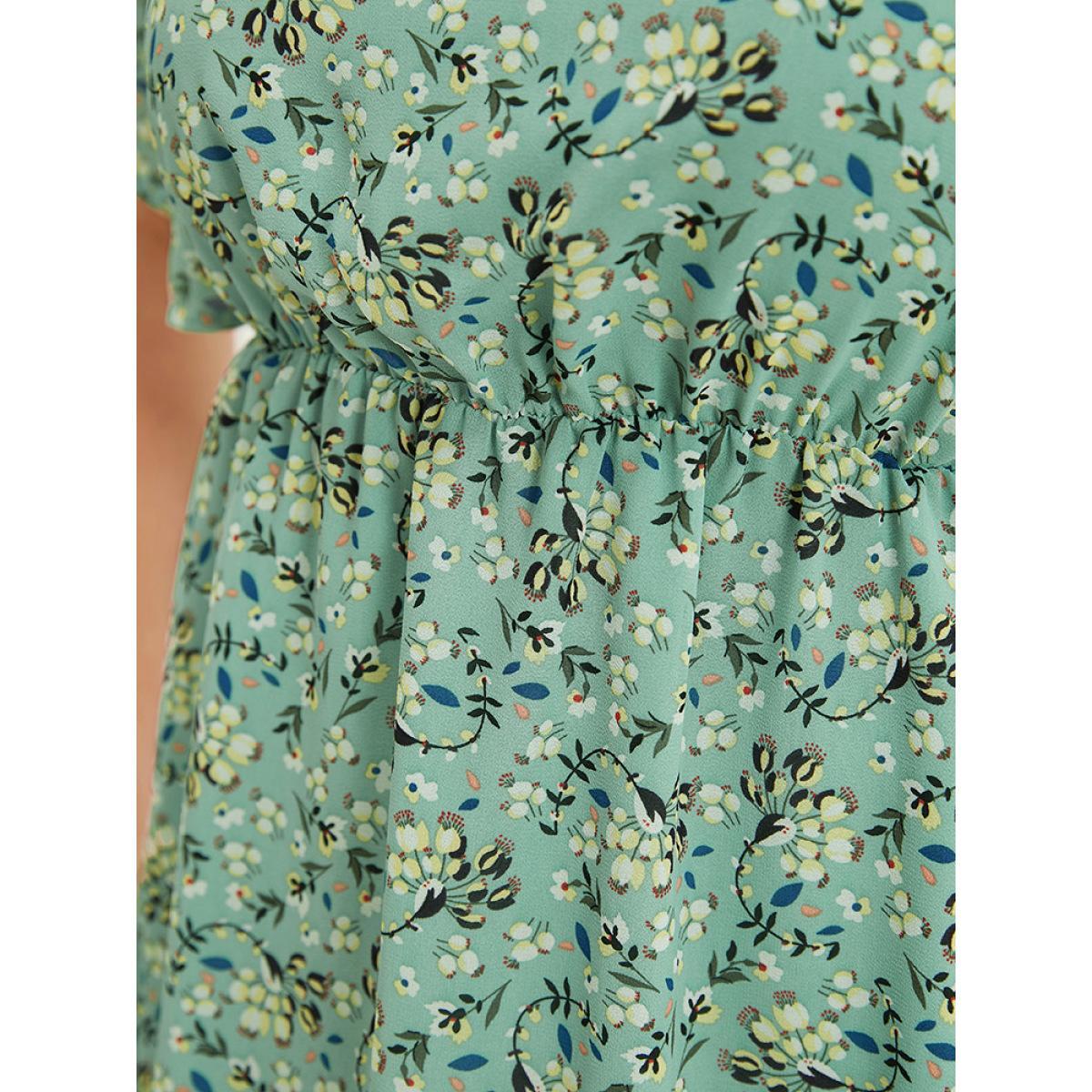 Plus Size Ditsy Floral Square Neck Frill Trim Pocket Ruffle Hem Dress Mint Women Elegant Lined Square Neck Short sleeve Curvy Short Dress BloomChic 28/5X Product Image