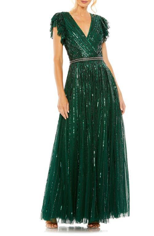 Mac Duggal Sequin Wrap Over Surplice V-Neck Ruffle Cap Sleeve Gown Product Image