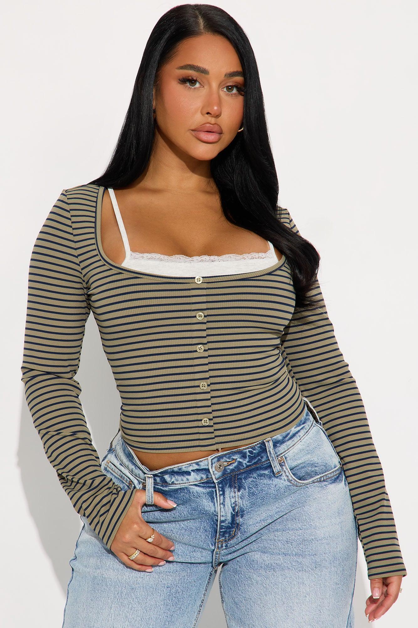 Channa Striped Ribbed Long Sleeve Top - Olive/combo Product Image