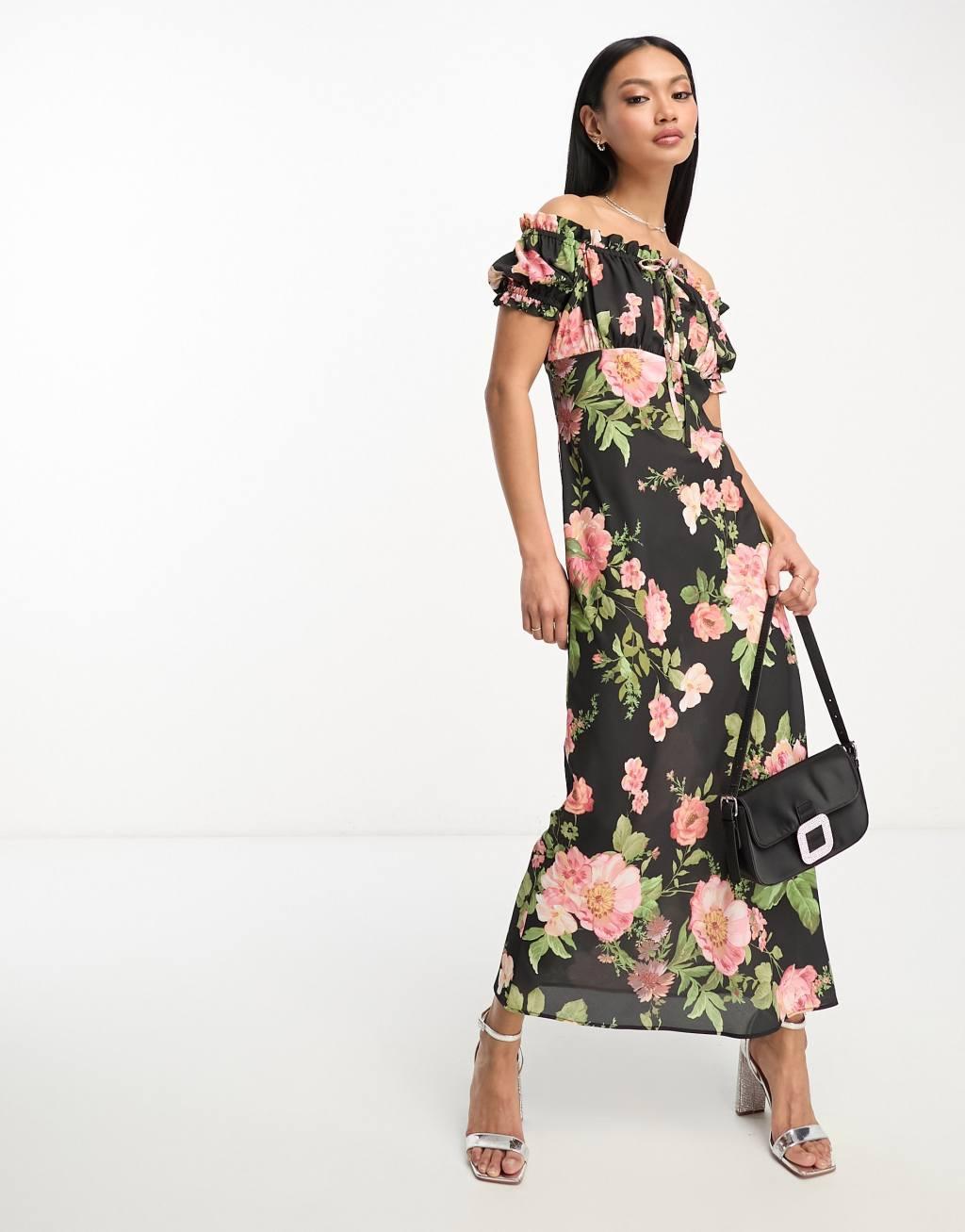 ASOS DESIGN milkmaid bardot midi dress with tie front neck Product Image