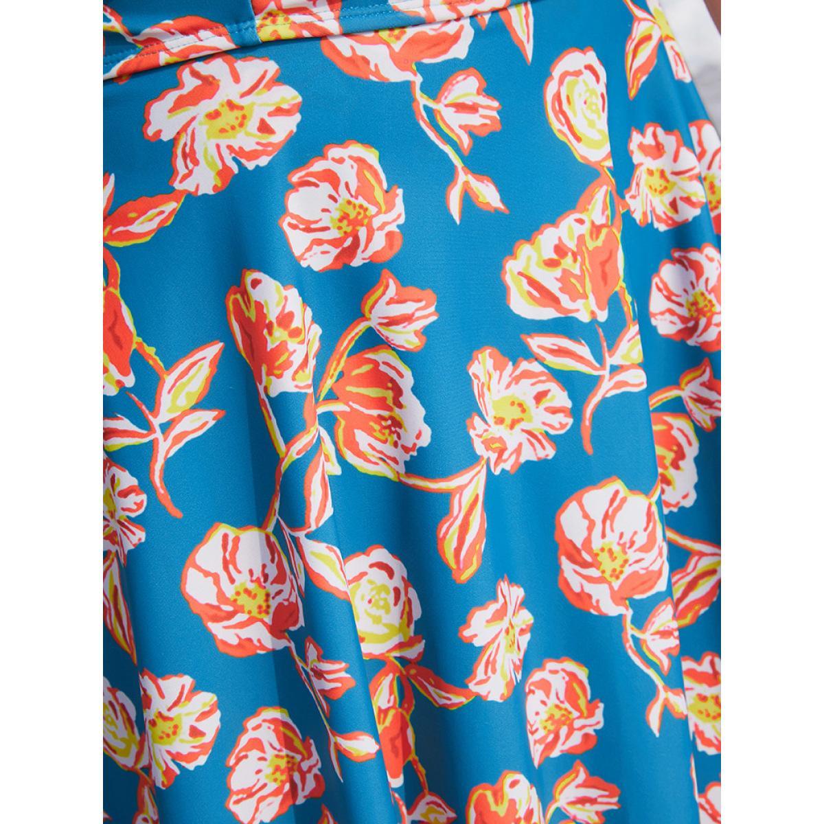 Plus Size Floral Contrast Crossover Front Ruffles Adjustable Straps Swim Dress Women's Swimwear Blue Vacation Bodycon High stretch Curve Swim Dresses BloomChic 22-24/3X Product Image