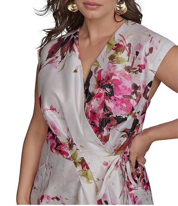 Donna Karan Plus Size Floral Dupioni V-Neck Cap Sleeve Tie Sash Midi Wrap Dress Product Image