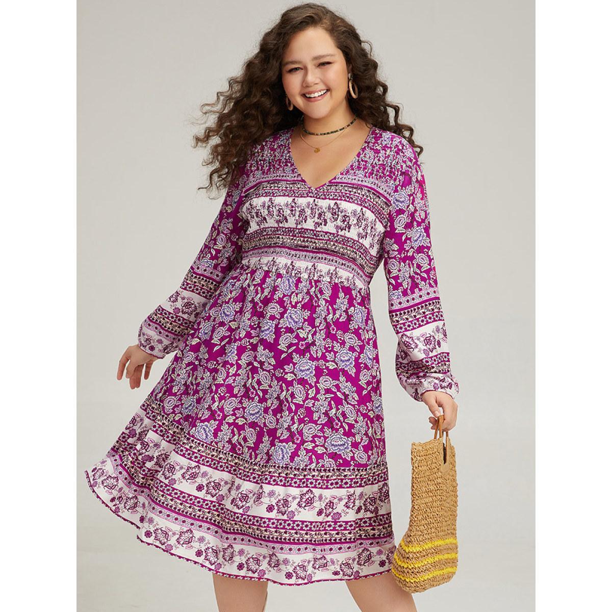 Plus Size Bandana Print Pocket V Neck Shirred Dress Purple Women Vacation Elastic cuffs V-neck Long Sleeve Curvy Midi Dress BloomChic 18-20/2X Product Image