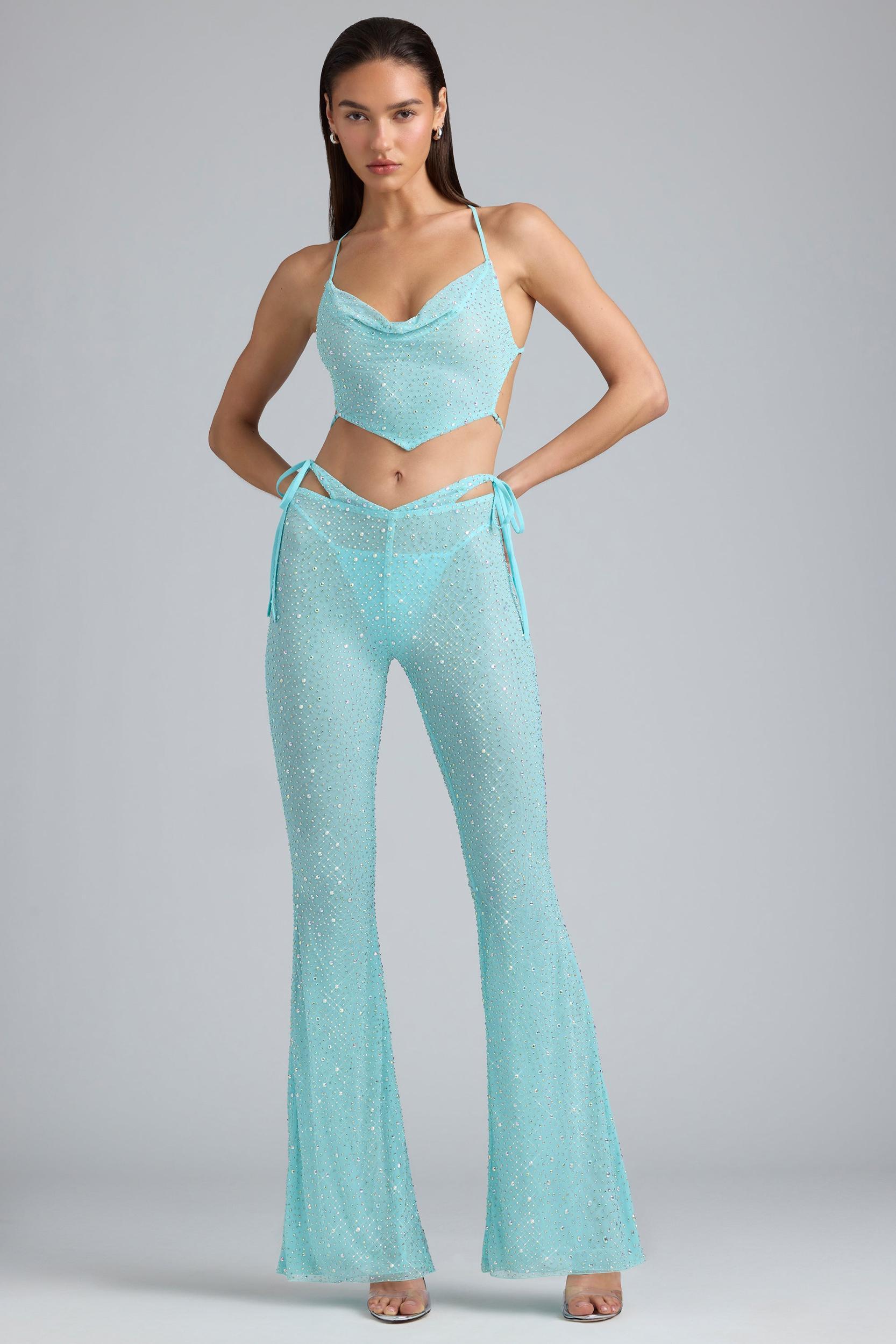 Embellished Cut-Out Flared Trousers in Ice Blue Product Image