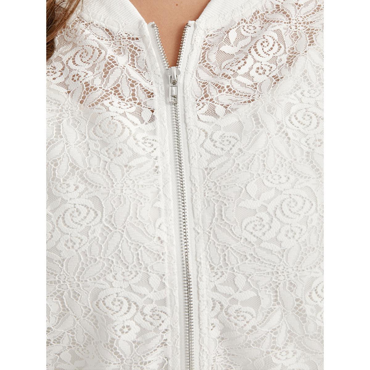Plus Size Plain Lace Insert Zipper Fly Jacket Women White Elastic cuffs Dailywear Jackets BloomChic 18-20/2X Product Image