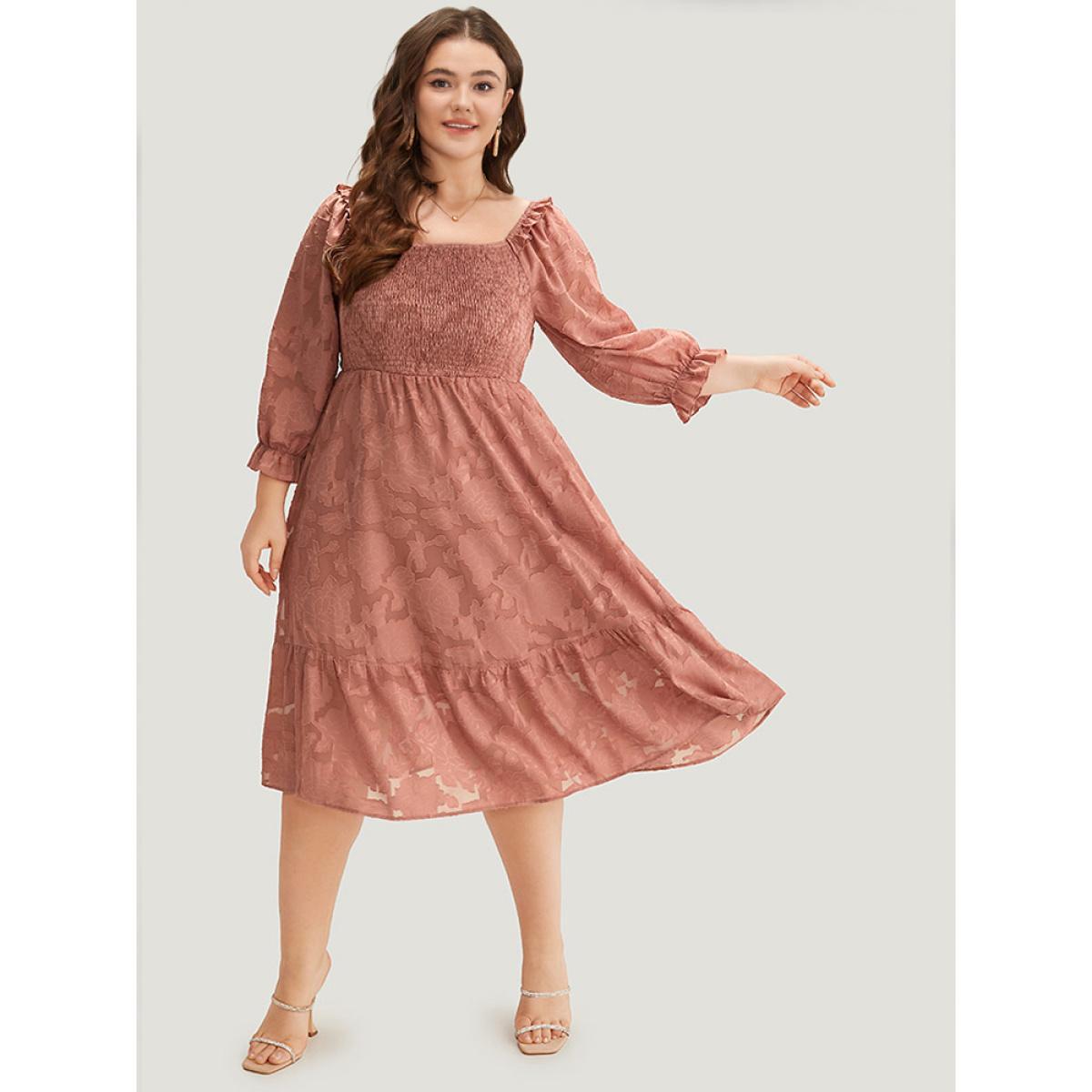 Plus Size Plain Pocket Frill Trim Lantern Sleeve Dress Watermelon Women Elegant Elastic cuffs Square Neck Elbow-length sleeve Curvy Midi Dress BloomChic 18-20/2X Product Image