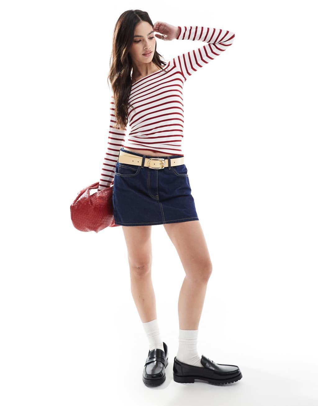 ONLY boat neck long sleeve top in red stripe Product Image