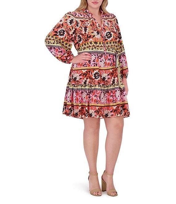 Vince Camuto Plus Size Woven Floral Print V-Neck Tie Long Sleeve Belted Dress Product Image