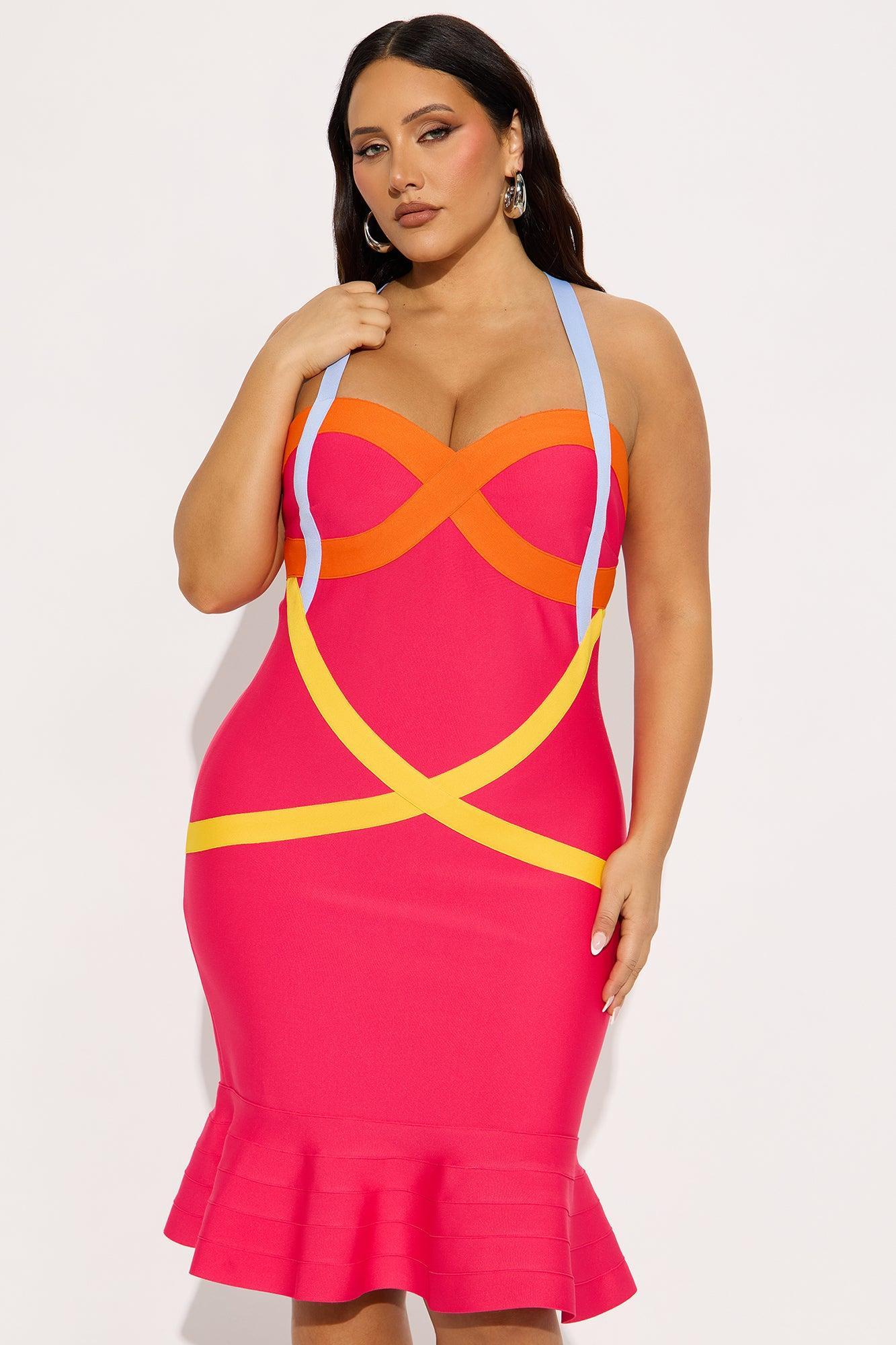 A Night In The City Bandage Midi Dress - Pink/combo Product Image