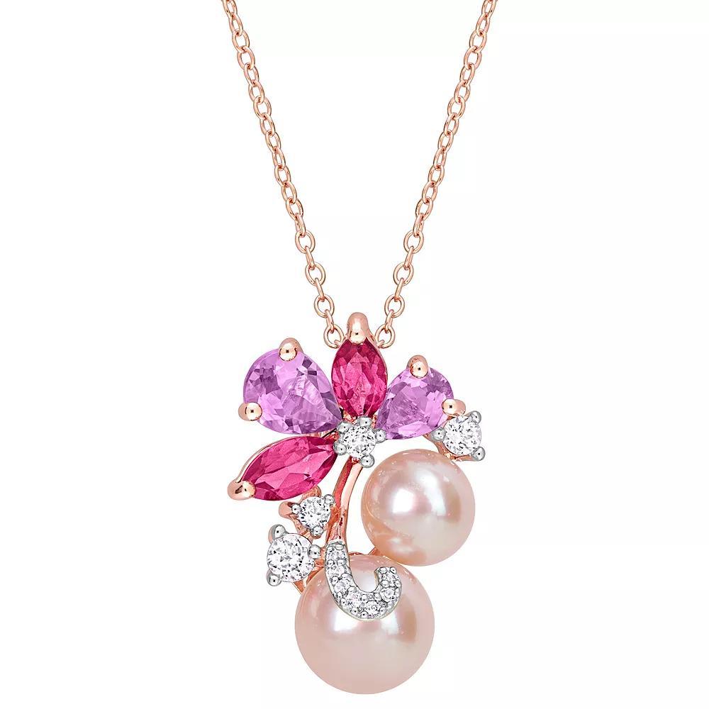 Stella Grace 18k Rose Gold Over Silver Multi-Gemstone & Pink Freshwater Cultured Pearl Cluster Pendant Necklace, Women's, Size: 18", Pink Tone Product Image