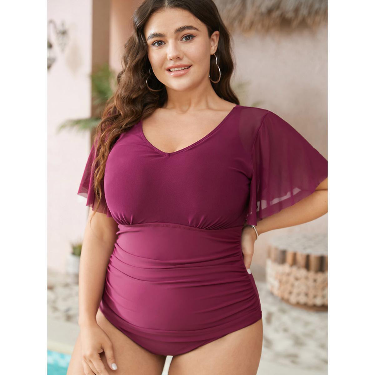 Plus Size Knotted Back Ruched Mesh Ruffle Sleeve One Piece Swimsuit Women's Swimwear RedViolet Vacation Adjustable Straps Curve Bathing Suits High stretch One Pieces BloomChic 26/4X Product Image