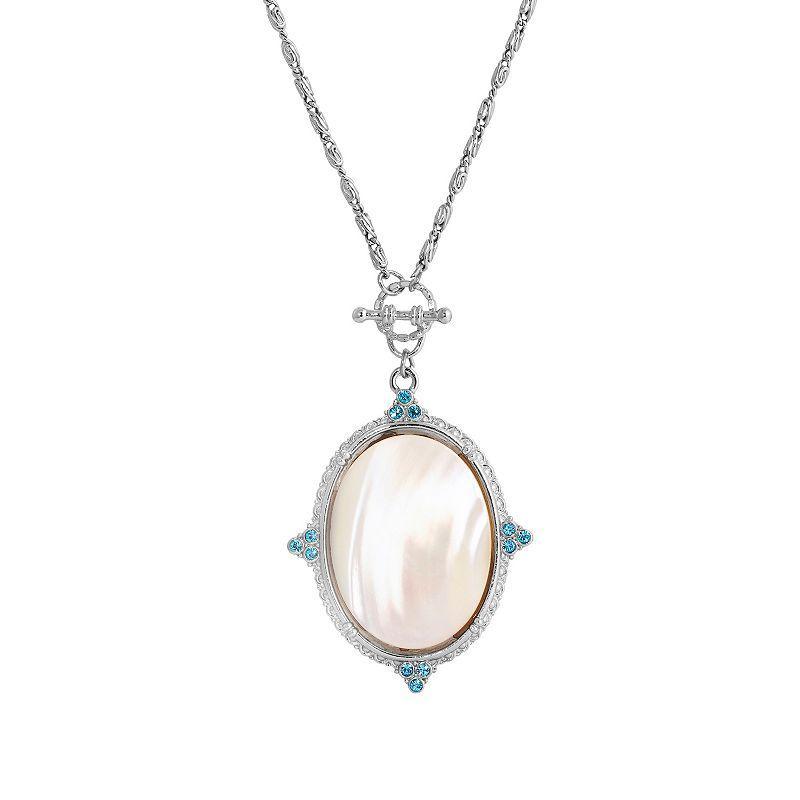 1928 Silver Tone Aqua and Simulated Oval Pearl Necklace, Womens, White Product Image