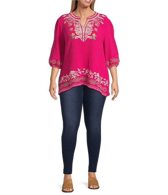 Calessa Plus Size Embroidered Split V-Neck Long Sleeve Tunic Product Image