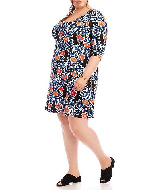 Karen Kane Plus Size Poppy Print Scoop Neck 3/4 Sleeve A-Line Dress Product Image