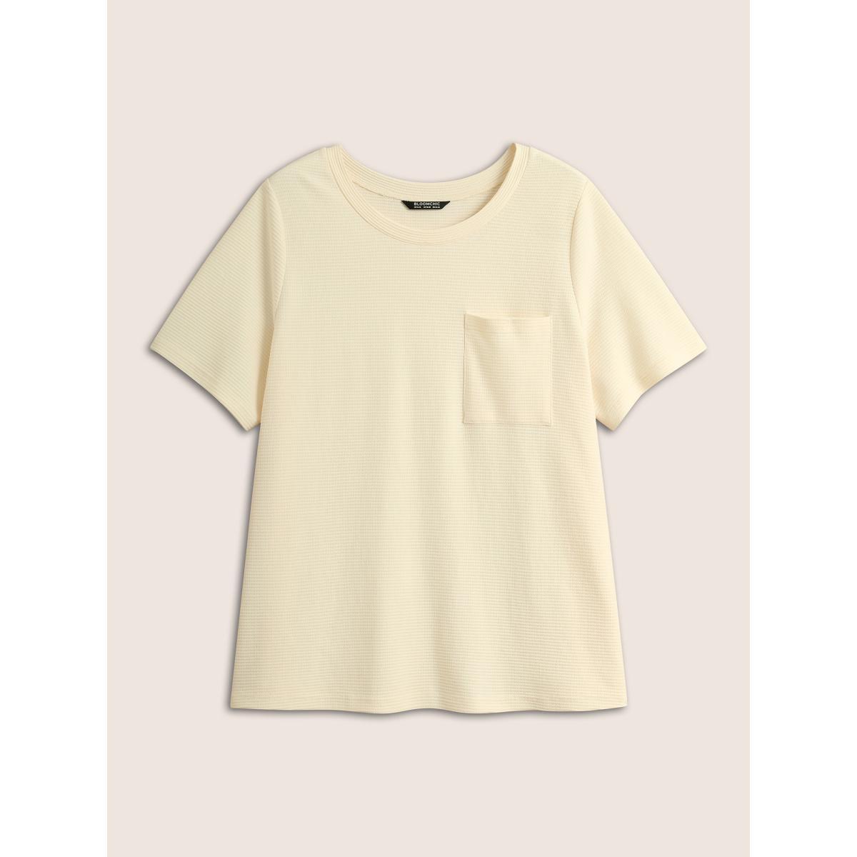 Plus Size Solid Waffle Knit Patched Pocket T-shirt Beige Women Casual Texture Round Neck Everyday T-shirts BloomChic 10/M Product Image