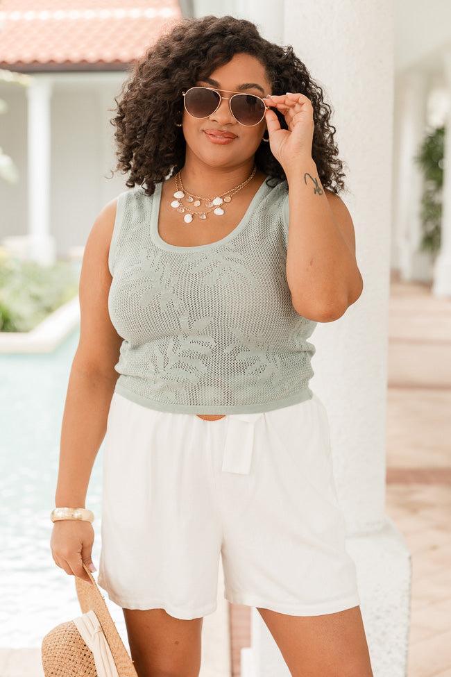 Think About Me Dusty Sage Leaf Print Open Knit Tank FINAL SALE Product Image
