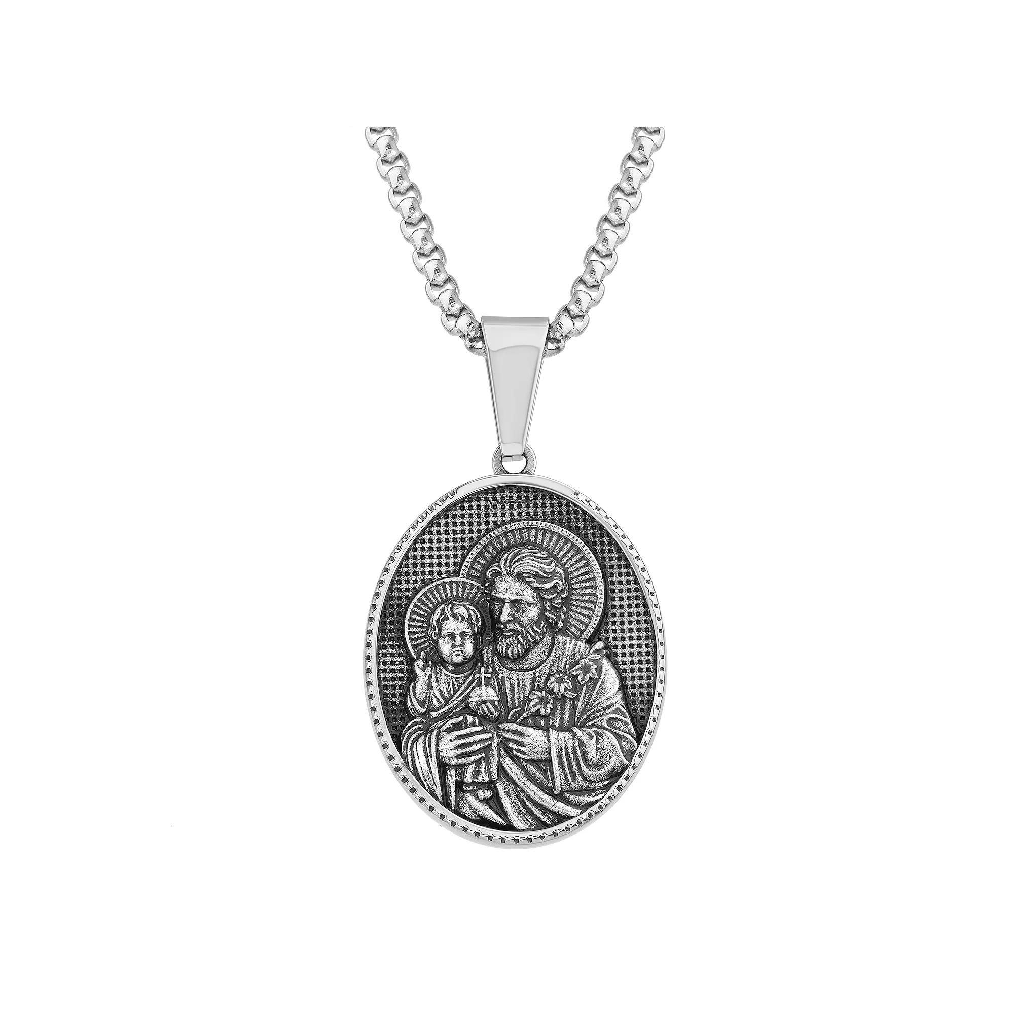 1913 Men's Oxidized Stainless Steel Joseph & Child Pendant Necklace, Size: 24" Product Image