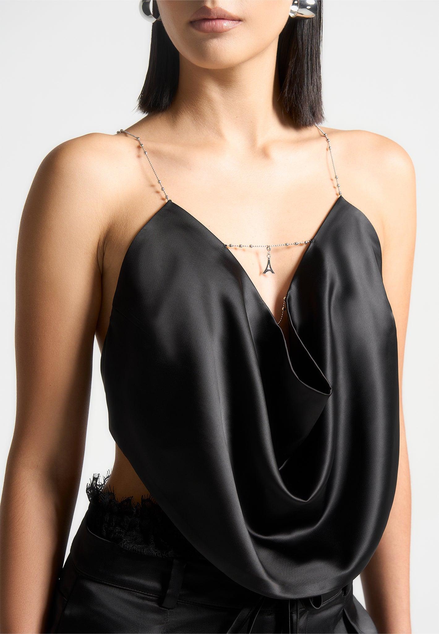 Satin Cowl Neck Top with Chain Detail - Black Female Product Image