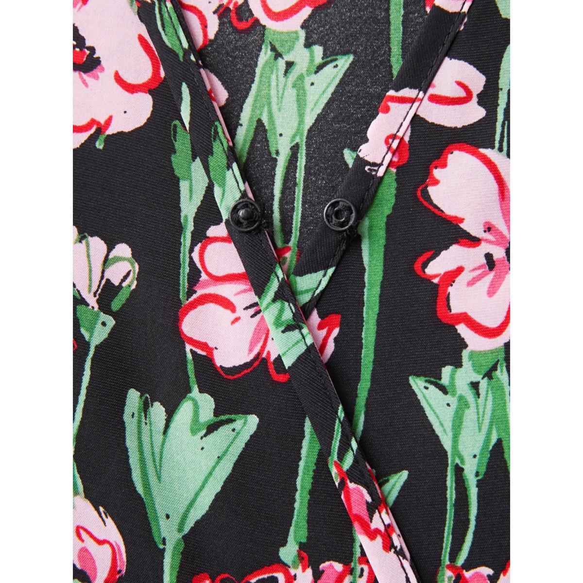 Plus Size Floral Print Shirred Pleated Midi Dress BlackFlower Women Overlap Collar Cap Sleeve Curvy BloomChic 10/M Product Image