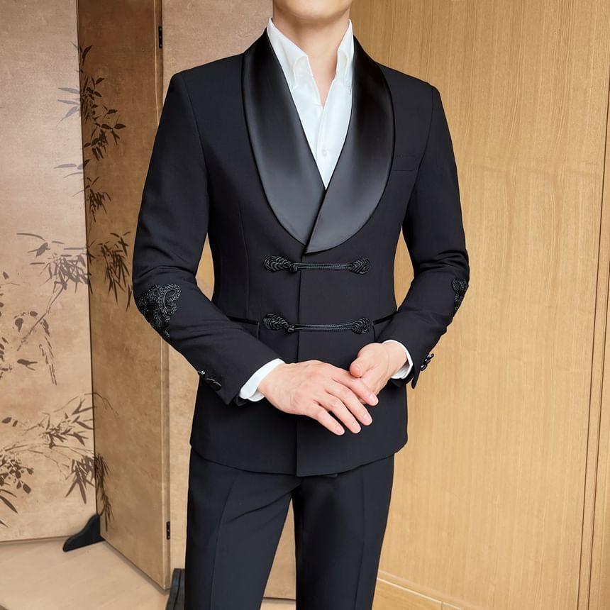 Set: Shawl Collar Plain Double Breasted Blazer + Mid Rise Plain Wide Leg Dress Pants Product Image