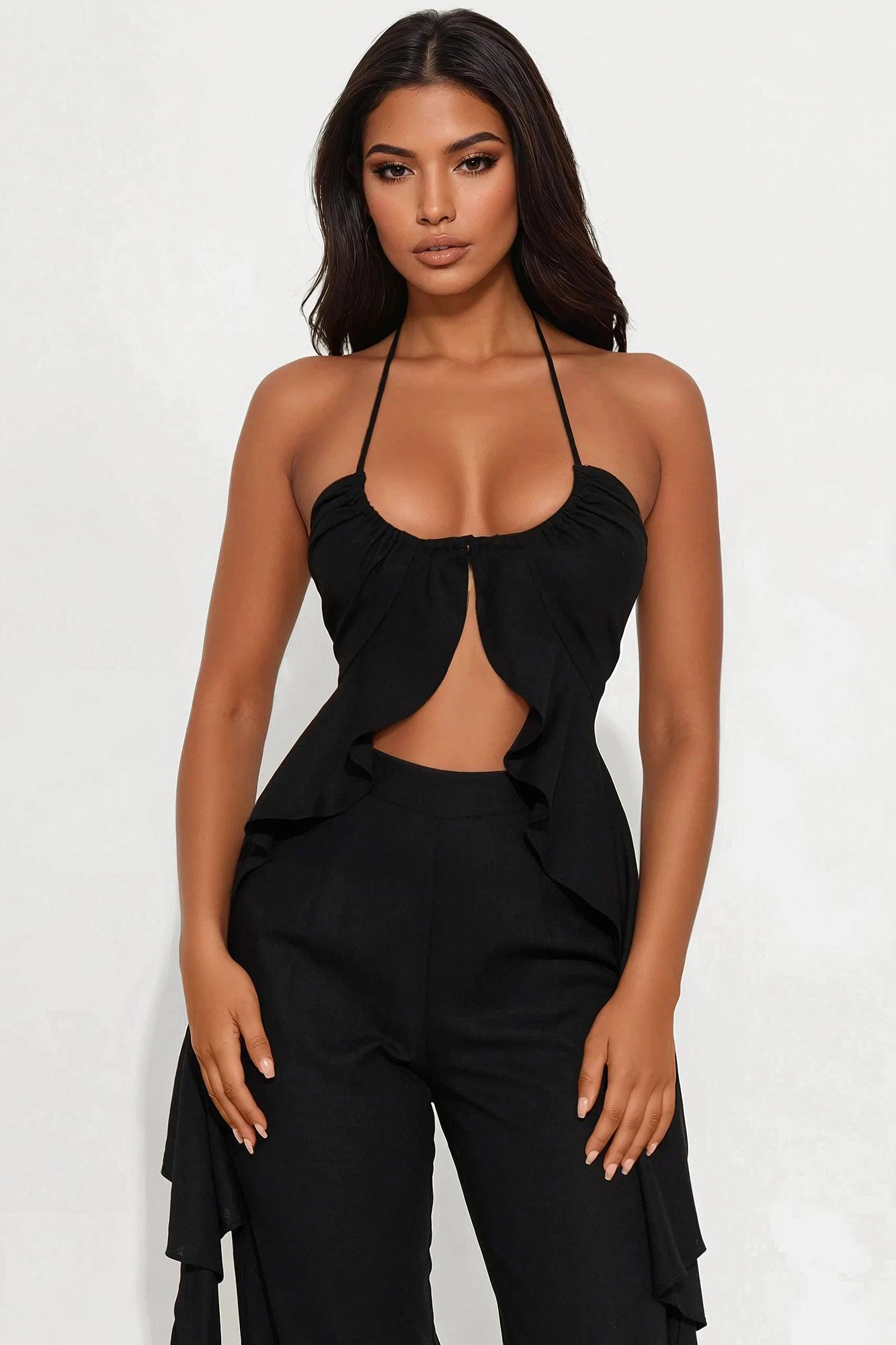Crystal Shores Flowy Linen Pant Set - Black Product Image