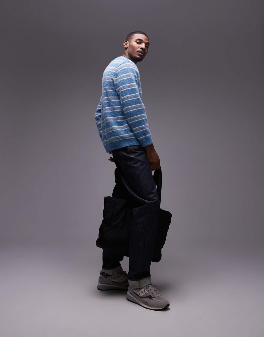 Topman relaxed fit brushed sweater in blue and white stripe Product Image